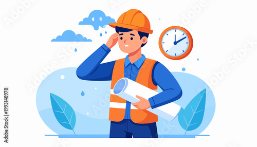 Stressed construction worker or site engineer managing project deadlines and plans with blueprints, facing challenges and time pressure on the job site