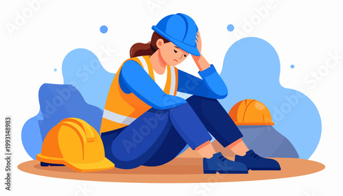 Overwhelmed female construction worker suffering from stress and burnout, depicting mental health challenges and fatigue within demanding industrial work environments