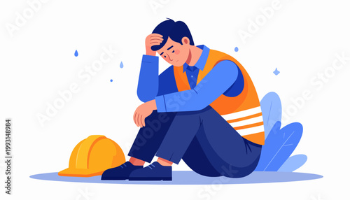 Disheartened construction worker in safety vest sitting with hard hat, feeling overwhelmed and stressed at work site