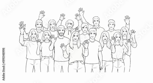 A diverse group of smiling people waving hello