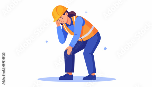 Concept illustration of a female construction worker dealing with the severe physical and mental strain, pain, and exhaustion inherent in demanding labor occupations