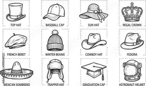 Set of Classic Fedora Hat Silhouettes, Featuring Various Styles and Shapes, Retro Fashion, Gangster, and Detective Headwear Vector Collection.
