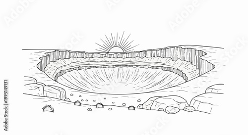 Stylized depiction of a vast, sunken crater under a radiant sun