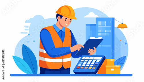 Professional construction worker in safety gear diligently planning and calculating project details, overseeing operations for efficient urban development and industrial management
