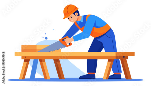 Skilled construction worker in safety gear diligently sawing a wooden plank on a sawhorse, symbolizing manual labor, craftsmanship, and building industry tasks in a clean flat design illustration