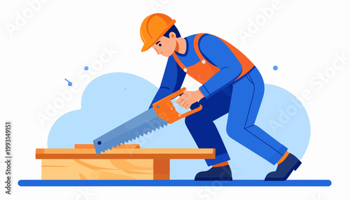 Detailed vector illustration of a dedicated craftsman in safety gear, actively sawing a wooden plank, embodying hard work and construction industry