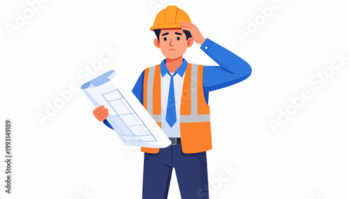 A construction worker wearing a hard hat and safety vest, looking at blueprints with a confused expression, illustrating challenges in the building industry