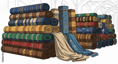 A colorful collection of rolled rugs and draped fabric in an arched hall