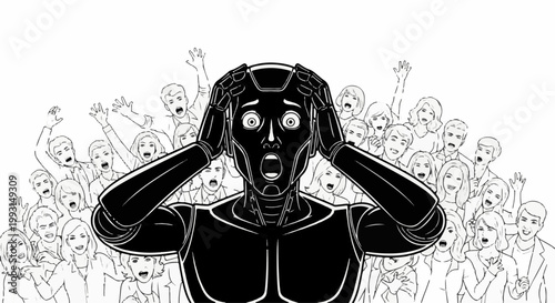 A shocked robot clutches its head in front of a cheering crowd of people