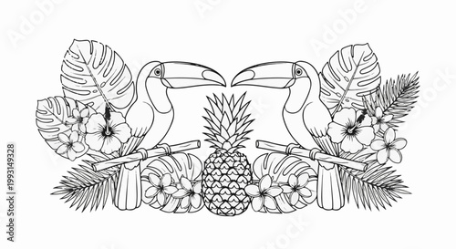 Two toucans flank a pineapple, surrounded by tropical leaves and flowers