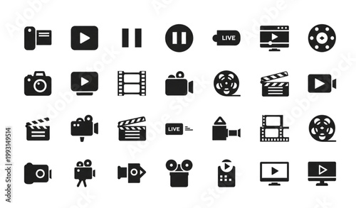 Video and media solid icon set with camera play pause live streaming and cinema symbols isolated on white