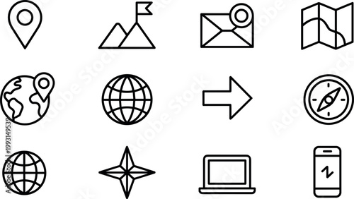 Navigation and Travel Icon Set with Map, Location Pin, Compass, Globe, Direction Arrow, Route Planning, and GPS Symbols for Mobile and Web