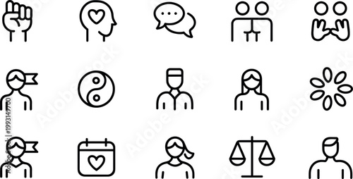 People and Social Values Icon Set with Equality, Love, Communication, Balance, Diversity, Justice, Wellness, and Human Interaction Symbols