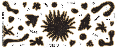 Bird and sun paper cutout set with organic folk crayon texture for scrapbook. Naive bird shapes and starburst with paper blobs. Vector folklore sticker collage set with freeform worm cutout elements.