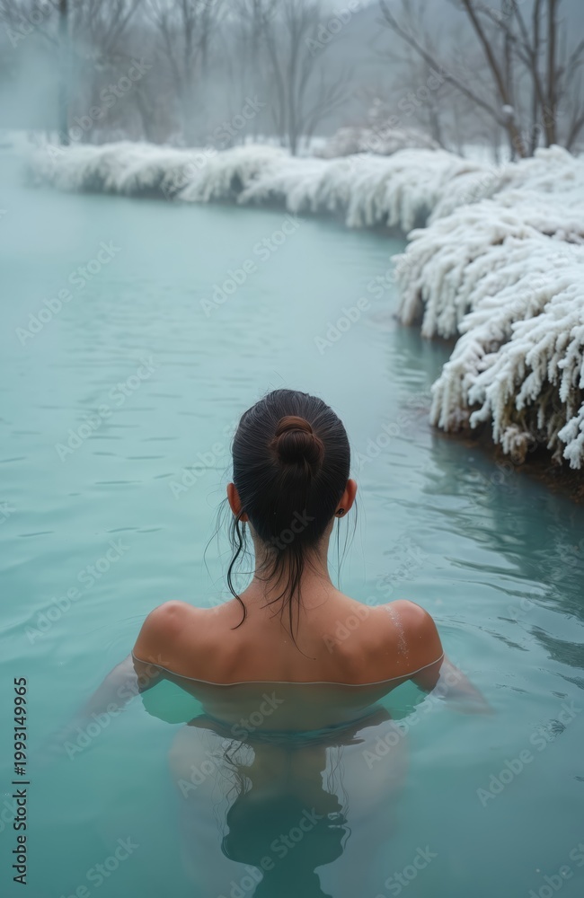 Fototapeta premium Woman bathes in steaming mineral spring water surrounded by snowy landscape. She relaxes in warm blue pool, enjoying winter spa retreat. Serene nature scene.