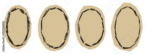 Paper cutout oval with retro crayon border, rough ellipse frame for collage. Oval paper border with faceted edges and hand drawn scrapbook texture. Vector cutout frame set on craft background.