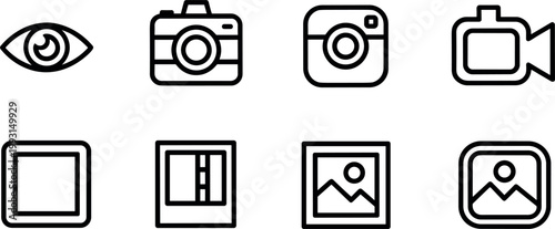 Photography and Media Icon Set with Camera, Video Recorder, Eye View, Image Frames, Gallery, and Visual Content Symbols for Digital Design