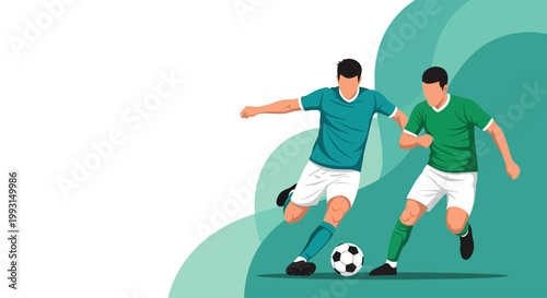 Football match illustration with players in duel action and large copy space for sports news background