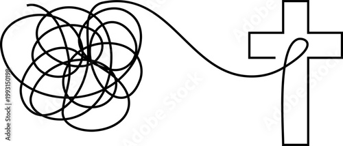 Tangled therapy vector line transforming into cross, christian counseling leads from chaos to jesus christ faith and repentance