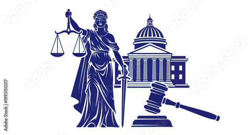 Lady Justice symbol with courthouse and gavel.