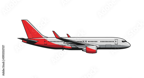 Side view illustration of a commercial passenger airplane flying on a white background.