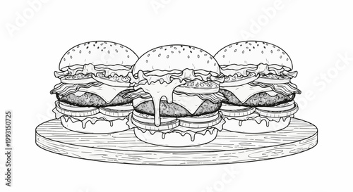 Three stacked, juicy hamburgers with melted cheese, on a wooden platter