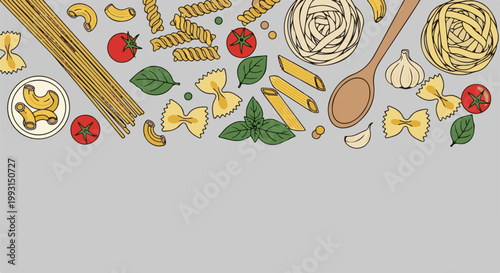 Assorted uncooked pasta, tomatoes, basil, garlic, and a wooden spoon