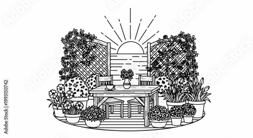 Tranquil garden scene with table, chairs, flowers, and sun