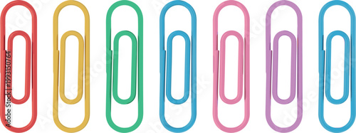 Set of colorful paperclips in red yellow green blue pink and purple 3D realistic vector style for office supplies school stationery and business organization concepts.