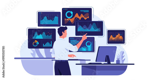 Business professional analyzing data on interactive digital dashboard screens illustration