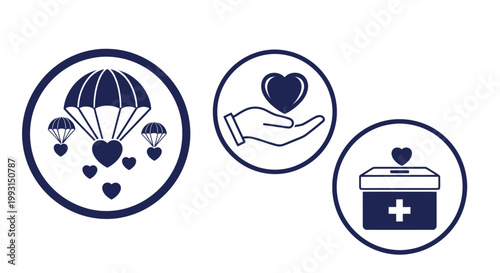 Set of charity and humanitarian aid icons with hearts and donations