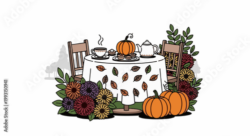 Autumnal table setting with pumpkins, tea, and flowers