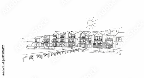 Sketch of waterfront buildings with a pier under a sunny sky