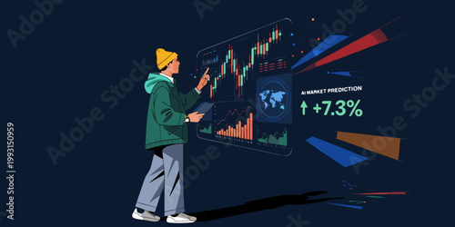 Man examining AI market prediction with upward trending stock chart and global
