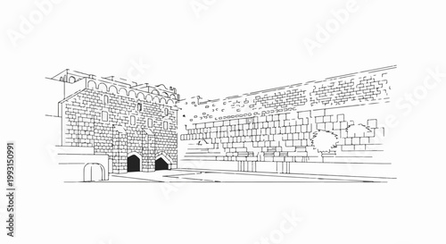 Sketch of ancient stone fort with arched gateway and battlemented walls