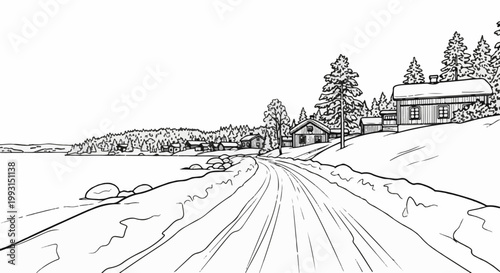 Sketch of a snowy rural road leading to lakeside cabins and pine trees