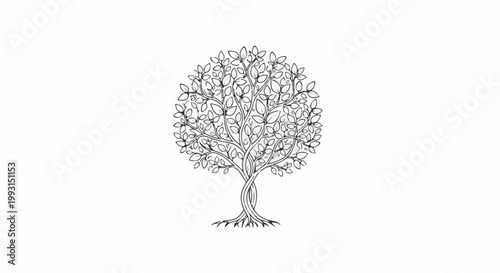 Black and white illustration of a stylized tree with twisting trunk and dense foliage