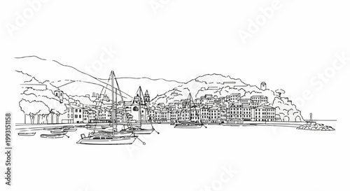 Sketch of a coastal town with sailboats docked in a harbor below hills