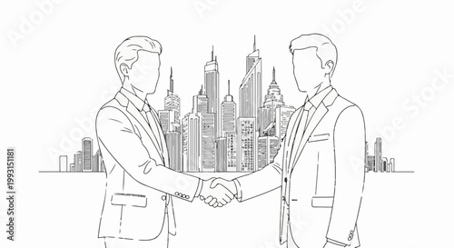 Two businessmen shake hands against a backdrop of city skyscrapers in a line drawing