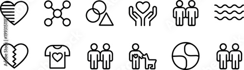 Social Relationships and Community Support Icon Set with Love, Family, Care, Equality, Connection, Charity, and Human Interaction Symbols