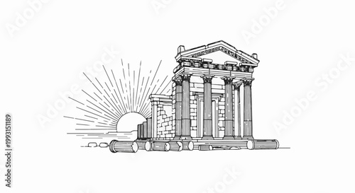 Ancient ruins with classical columns and sunburst