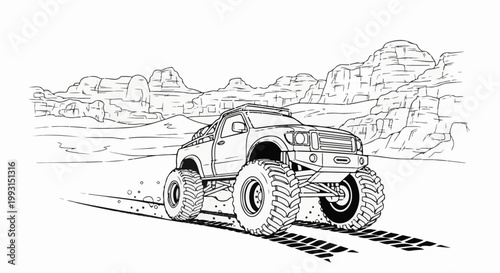 A monster truck driving through a rocky, desert landscape