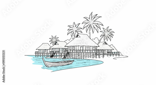 Tropical bungalows on stilts over clear blue water with palm trees