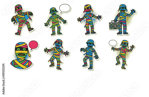 Neon Pop Art Mummy Sticker. Flat Vector Funky Groovy Illustration of Ancient Mummy with Vibrant Colors.