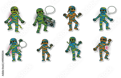 Neon Pop Art Mummy Sticker. Flat Vector Funky Groovy Illustration of Ancient Mummy with Vibrant Colors.