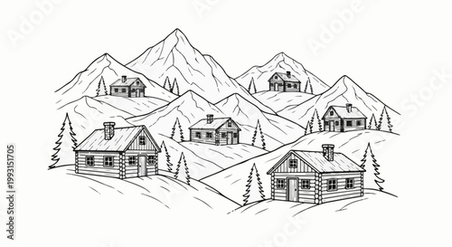 A sketch depicts a mountainous landscape with several log cabins and evergreen trees