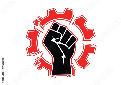 Red gear with a black fist in the center