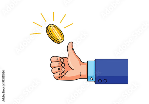 Cartoon illustration of a businessman hand flipping a gold coin