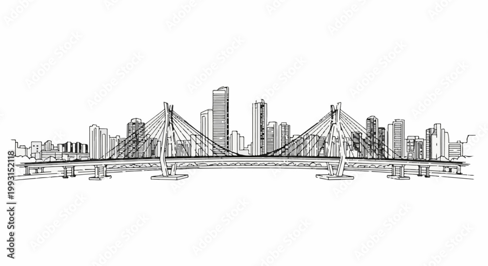 Fototapeta premium A sketch of a modern city skyline featuring a cable-stayed bridge across water