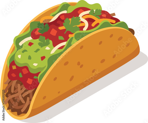 Deliciously prepared isometric taco illustration with vibrant ingredients like seasoned ground beef fresh lettuce diced tomatoes onions cilantro cheese and guacamole set against a clean